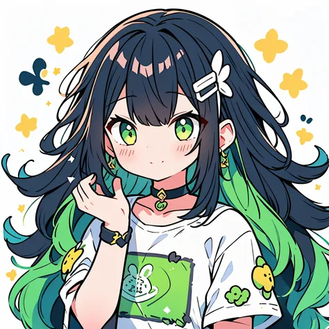 girl、cute、black hair、choker、color palette(黄green、green、white)