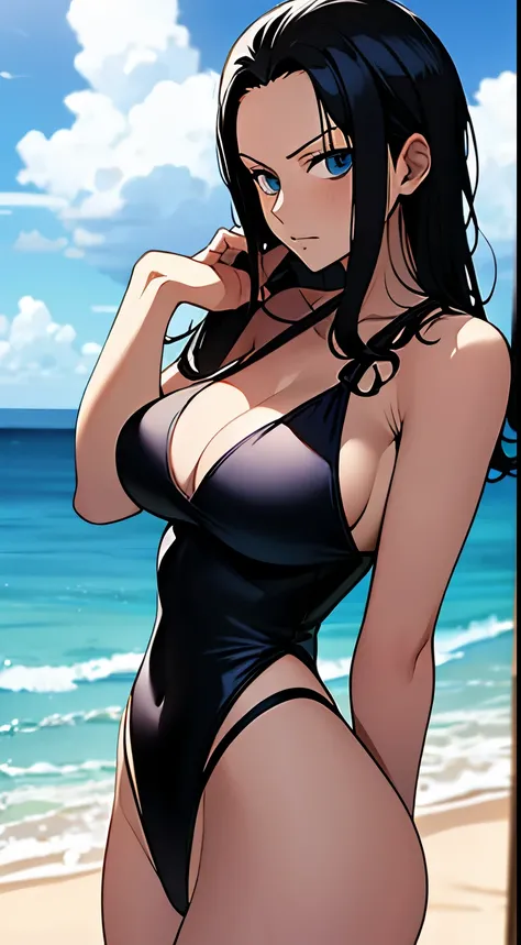 Nico Robin (One Piece) usando tanga color negro, pose sensual, pose sexy, en la playa, mirando al horizonte, Without looking at the camera, gran trasero, cintura delgada, grandes pechos, grandes muslos