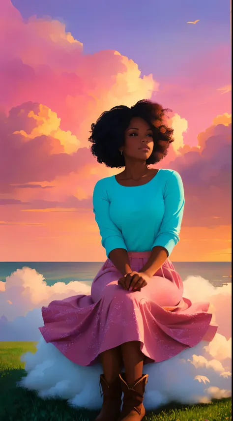 (best quality:1.1),original,1girl,chic,trendy, dark skin,makeup,1970s, blue hair, brown eyes An illustration of african american woman with natural hair, in the style of ross tran, a pink dress with a cute cloud print and cute pink boots, a gorgeous woman ...