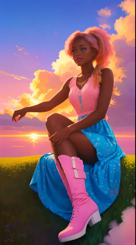 (best quality:1.1),original,1girl,chic,trendy,afro,dark skin,makeup,1970s, blue hair, brown eyes An illustration of african american woman with natural hair, in the style of ross tran, a pink dress with a cute cloud print and cute pink boots, a gorgeous wo...