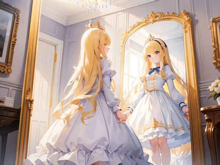 Chess, amazing shiny golden long hair，one girl, beautiful girl, blonde, white clothes，frills, small crown, Queen, Eyes are light blue，This is a cute sweet girl，Soft Girl, lolita,Alice in the Land of Mirrors, Chess, Room of mirrors, Are standing, 鏡の前にAre st...