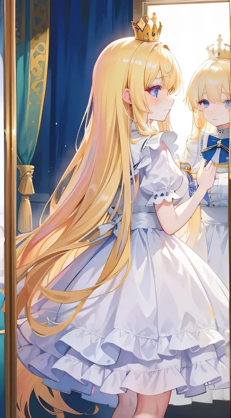 amazing shiny golden long hair，blonde, white clothes，frills, small crown, Queen, Eyes are light blue，This is a cute sweet girl，Soft Girl, lolita,Alice in the Land of Mirrors, Chess, Room of mirrors, Are standing, 鏡の前にAre standing自分を見て, holding hands in the...