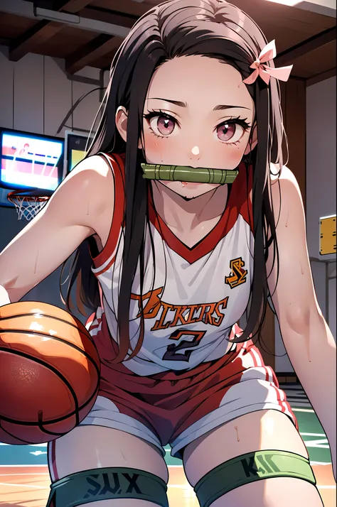 (best quality,4K,(masterpiece:1.2),very detailed,studio lighting,fancy,soft pastel tones,Nezuko Kamada,beautiful and delicate eyes,long black hair,delicate features,standing, (With bamboo mouth guard:1.4),crimson red eyes,Small fangs are peeking out,pale, ...