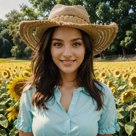 Beautiful latina woman, 26 years old, brown hair, green eyes, with a hat, smiling in a field of sunflowera