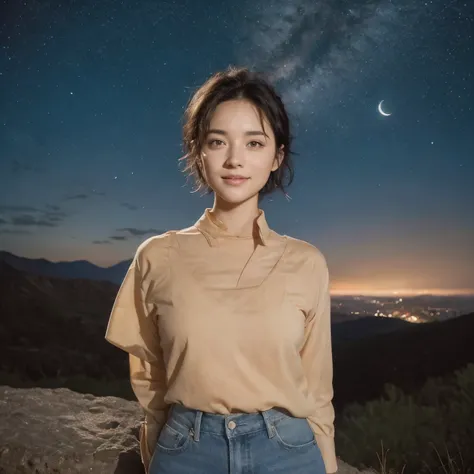 A 22 Y/O girl with short BLACK hair, green eyes, and freckles is wearing a red overall and a blue shirt with rolled-up sleeves. She is standing in front of a mountain with the moon in the night sky. The girl has a smile on her face and she is looking direc...