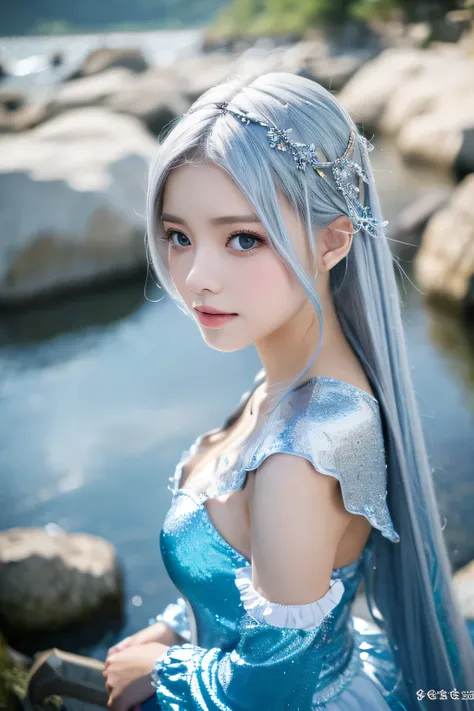 brunette-like silver hair、beautiful風景、waterside、fantasy、Sober costumes、Costume with attention to detail in calm colors、Mature costume、great atmosphere、highest quality、genuine、（faded texture）、In 8K、fine skin、young half、18-year-old、Super detailed、High resolu...