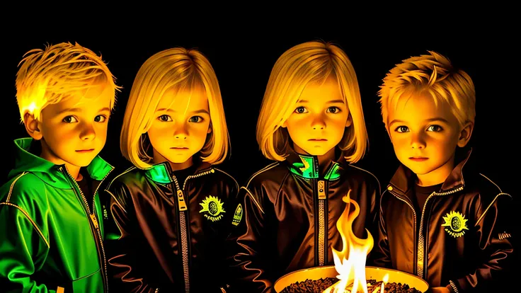 3 meninos loiros COM CABELO LISO, jaqueta de couro preta e roupa PORTRAIT , the flames are glowing in the dark with a GREEN fire reflection, chamas de fogo, chamas ao fundo, fogo e chamas, chamas ao fundo.