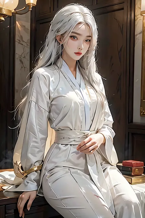 lifelike, high resolution, 1 female, alone, Buttocks up, look at the audience, (Detailed face), white hair, medium breasts, long hair, Colorful Taoist Robes,oversized clothes, jewelry