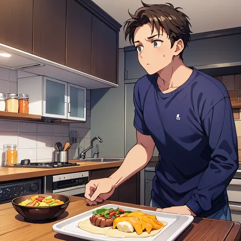 1 boy 45 years old  ,,,eat in the kitchen  