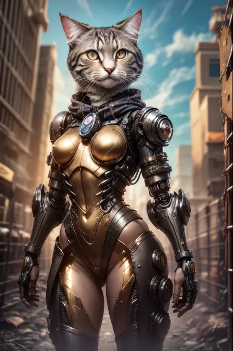 "((Robotic cat)) with intricate steampunk enhancements, exploring a cyberpunk metropolis at the (golden hour), (mystical) aura, (highly detailed) and (captivating) painting