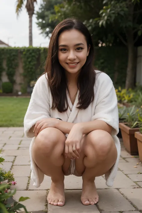 1girl malay, full body, big eyes, sharp nose, small lips, wide forehead, smooth sskin, pretty face, pony tail, looking at the camera, happy smile, tight robe, squating, garden