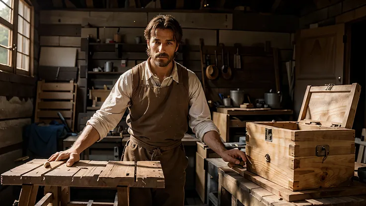 A French carpenter making a wooden box in 1800s. (realisitc)