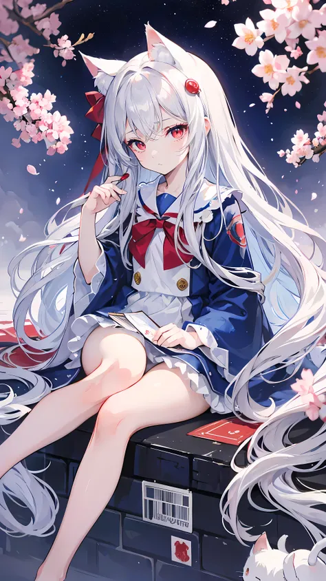 silver long hair，Hair curtain with slight curls in the middle，red eyes，Comb your hair by hand，D Cup Girl，Cat fur card，Blue and white sailor suit，sad expression，big eyes，cherry blossoms falling