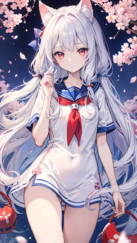 silver long hair，Hair curtain with slight curls in the middle，red eyes，Comb your hair by hand，D Cup Girl，Cat fur card，Blue and white sailor suit，sad expression，big eyes，cherry blossoms falling