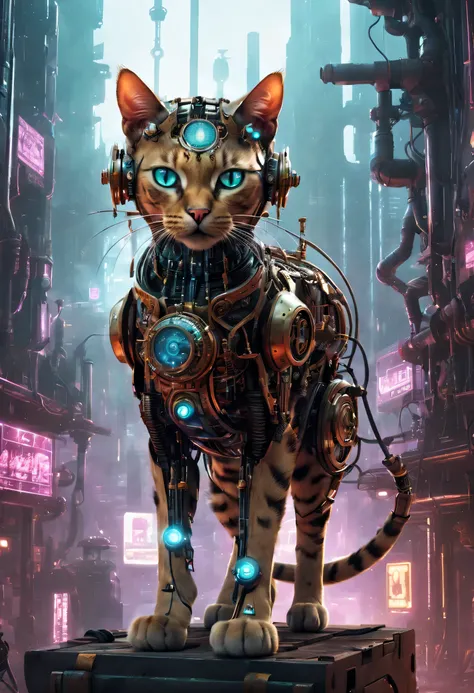 "(((Cybernetic feline))) adorned with steampunk elements, blending seamlessly into a cyberpunk environment, (mysterious) and (dystopian) ambiance, (masterpiece) of digital art