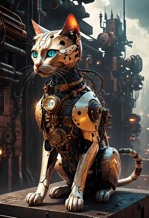 "(((Cybernetic feline))) adorned with steampunk elements, blending seamlessly into a cyberpunk environment, (mysterious) and (dystopian) ambiance, (masterpiece) of digital art