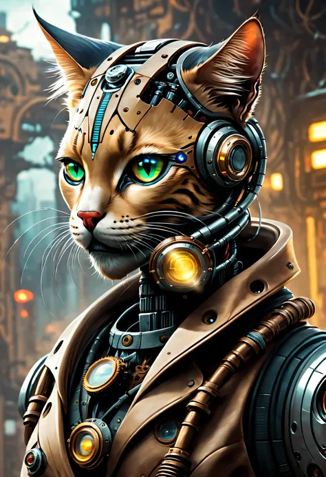 "(((cybernetic feline))) adorned with steampunk elements, blending seamlessly into a cyberpunk environment, (mysterious) and (dy...