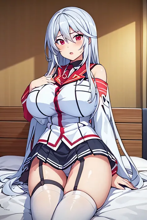 1 girl, Ingredients Chidorigafuchi, school uniform, blush, white panties, skirt, garter strap, removed sleeve, bare shoulders, lying in bed, ((M-shaped legs)), huge breasts,