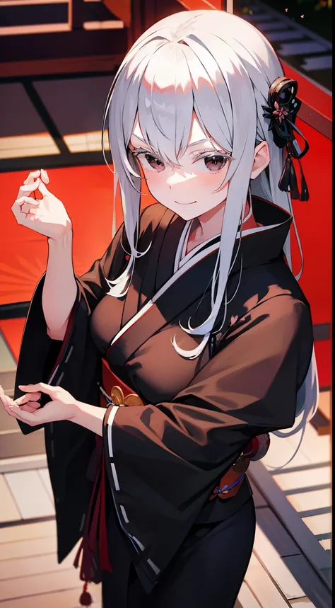 dark kimono, at japanese festival, arrogant expression, domineering smile, masterpiece, best quality, silver hair, black eyes