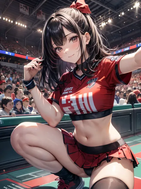 highest quality、complete limbs、full finger、black haired woman、medium hair woman、Beauty busty woman:1.3、big smile、cheerleader、((red tops with logo:1.3))、Exposing the belly、((Red miniskirt:1.3))、Red high-leg panties、baseball Ground、ground、squatting down、Audi...