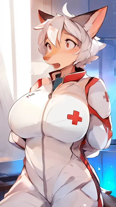 ((by einshelm)), by bebebebebe, by buta99, solo, female, big breasts, canine, ((thin snout, white hair, long snout, short hair)), open mouth, surprised, gasping, standing, grey fur, white spacesuit, medical spacesuit, red cross