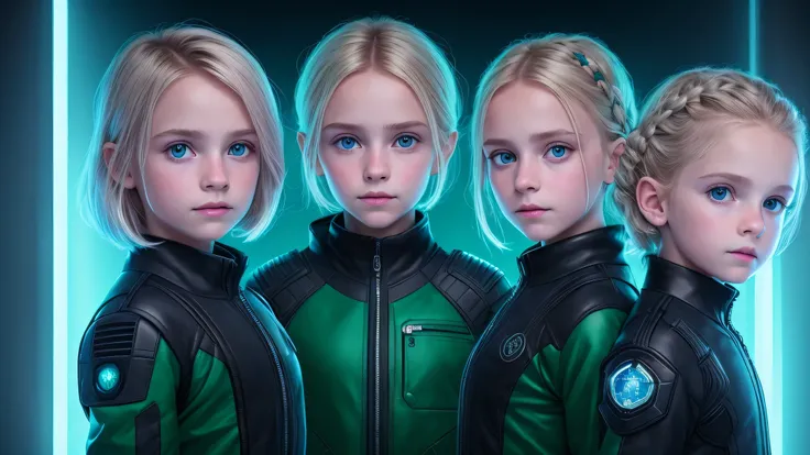 three small children in green jackets posing for a photo, young blond fantasy thief, Perfect Android girl family, 4k symmetrical portrait, 4k symmetrical portrait, Retrato VFX altamente detalhado, cute sci-fi twins, Retrato VFX altamente detalhado of, cabe...