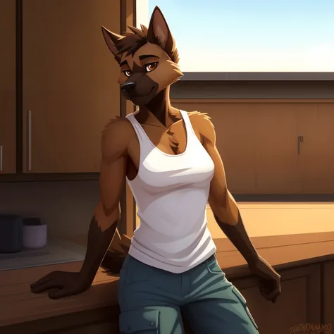 lanky_german_shepard female brown_eyes very_fluffy solo Masterpiece best_quality absurdres highly_detailed well_drawn_eyes anthro_only by_greasymojo by_runawaystride by_jezzlen cargo_pants tank_top