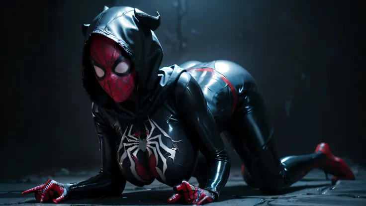 ((best quality)), ((masterpiece)), (detailed), (((she wearing a black spiderman mask))), perfect face, beautyful face, ((a Big tits asian girl)), ((open venom longerie push up)), matrix movie outfit, stocking, black hair, dark bedroom background, visible b...