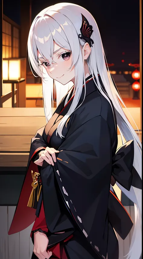 dark kimono, at japanese festival, arrogant expression, domineering smile, masterpiece, best quality, silver hair, black eyes