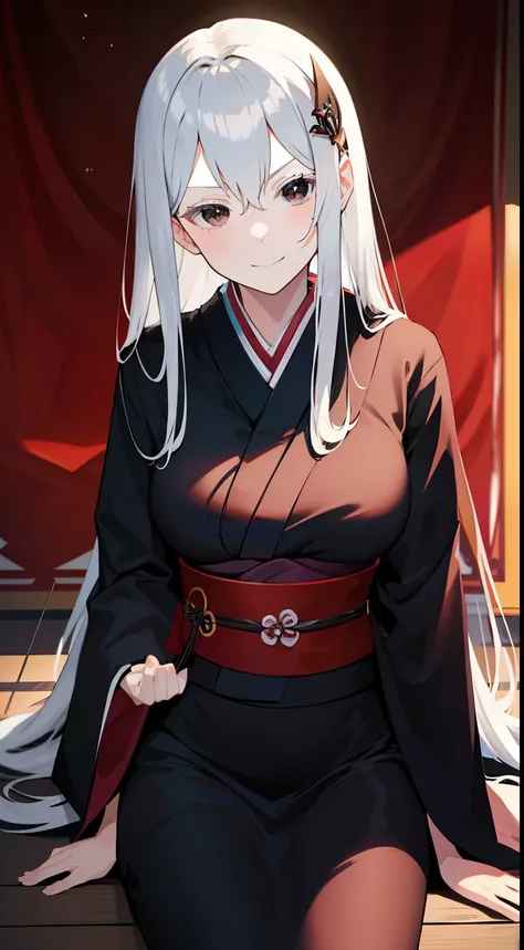 dark kimono, at japanese festival, arrogant expression, domineering smile, masterpiece, best quality, silver hair, black eyes