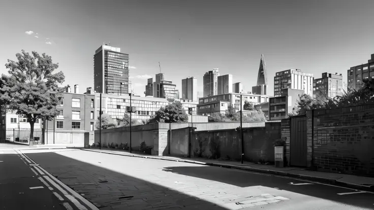  London neighbourhood, black and White lineart, street level side view, some bricks wall at foreground, some taller buildings on the far background