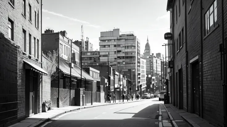  London neighbourhood, black and White lineart, street level side view, some bricks wall at foreground, some taller buildings on the far background