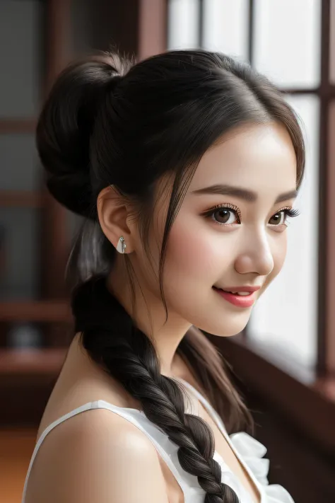 (CG 8k wallpaper extremely detailed, table top, highest quality, Super detailed), (better lighting, better shadow, very delicate and beautiful), floating, high color saturation, dynamic angle, ((1 girl)), nice, Ning Guang(Orchid Evening Dresses) black hair...