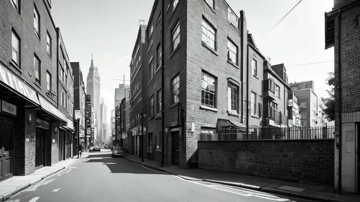  London neighbourhood, black and White lineart, street level side view, some bricks wall at foreground, some taller buildings on the far background