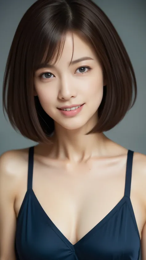 beautiful 35 year old woman。She is wearing a tight navy blue satin camisole.。smile gently。her dark brown hair、、Her hair is straight short bob hair。High resolution、masterpiece、highest quality、head w:1.3、((Hasselblad Photos))、fine skin、fine texture、sharp foc...