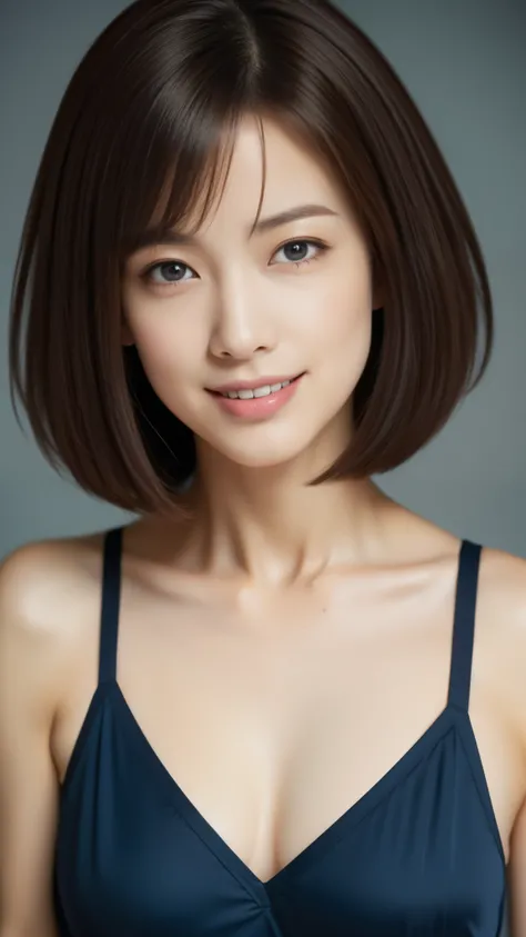 Beautiful 35 year old woman。She is wearing a tight navy blue satin camisole.。smile gently。her dark brown hair、、Her hair is straight short bob hair。High resolution、masterpiece、highest quality、Head w:1.3、((Hasselblad Photos))、fine skin、fine texture、sharp foc...