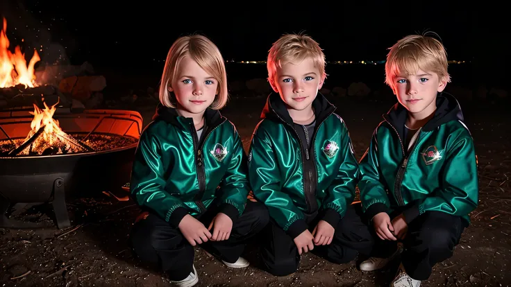 3 meninos loiros COM CABELO LISO, jaqueta de couro preta e roupa PORTRAIT , the flames are glowing in the dark with a GREEN fire reflection, chamas de fogo, chamas ao fundo, fogo e chamas, chamas ao fundo.