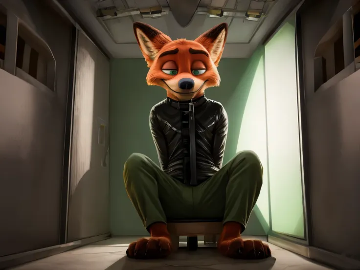 in a dark and eerie asylum, a hypnotized nick wilde sits imprisoned in a padded cell, legs stretched out in front of him, his ba...