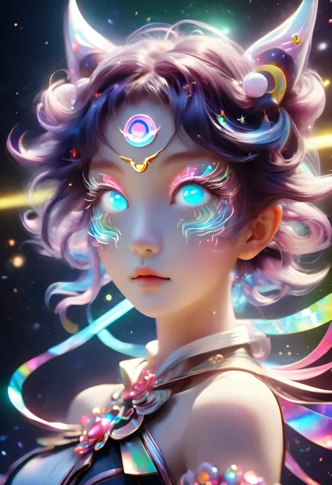 two-dimensional，A super cute &Quote;Sailor Moon&Quote;（Sailor Moon），mini pictures，Beautiful slim girl in anime style，cyberpunk，Steampunk，fault art，Holographic projection，mechanical aesthetics，Ancient，neon lights，laser light，fluorescence，space light，glow ef...