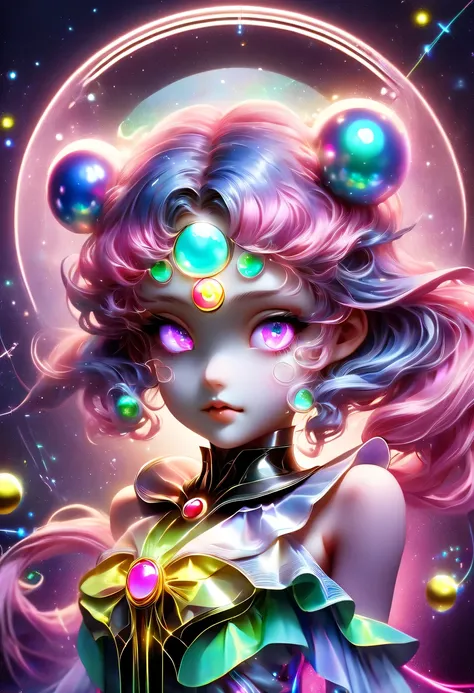 two-dimensional，A super cute &Quote;Sailor Moon&Quote;（Sailor Moon），mini pictures，Beautiful slim girl in anime style，cyberpunk，Steampunk，fault art，Holographic projection，mechanical aesthetics，Ancient，neon lights，laser light，fluorescence，space light，glow ef...