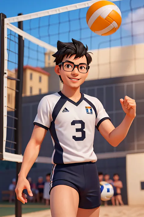 Gerar uma imagem, alta qualidade, 36K, Ultra-resolution character: 1 homem, 28 anos de idade, feliz, Cabelo preto, round frame glasses (prata), sorriso convidativo, restolho preto, wearing volleyball team uniform Location: quadra de volei