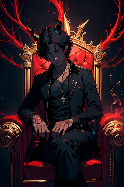 a digital masterpiece of a demonic figure sitting grandly on a throne, enveloped by intense red lighting that gleams and glows, showcasing intricately detailed horns, sharp claws, and piercing eyes, the image radiates an ethereal yet ominous presence, an a...