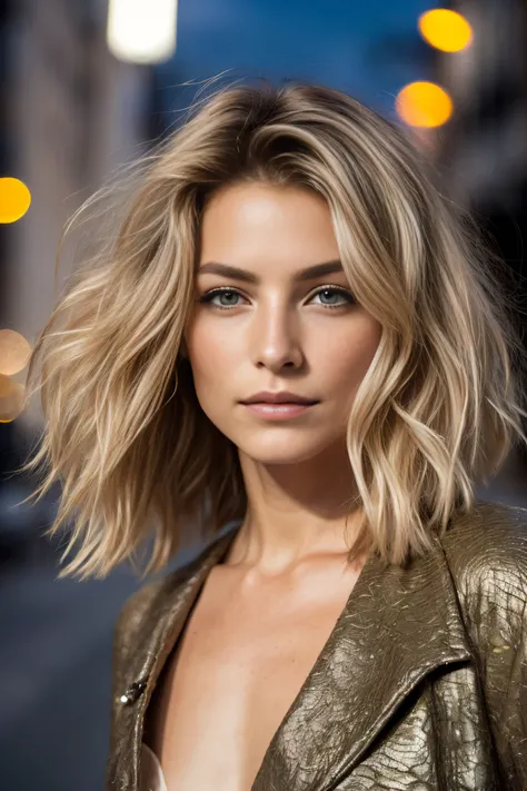 Portrait en gros plan RAW  d’une blonde de 24 ans, natural blonde cheveux, Serrures, ondulé, (Femme aux yeux marrons) dans un appartement, Contexte à New York, ciel étoilé de nuit, ,seins naturels_b, fond de nuit de la ville, (Robe dété rouge), (encolure),...