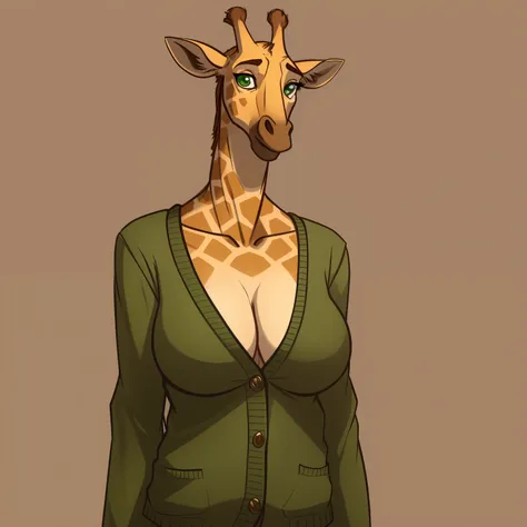 Very_Tall_Lanky_mature_giraffe female full_breasts khaki_furry_body faded_green_eyes cardigan solo giraffe_snout Masterpiece best_quality absurdres highly_detailed well_drawn_eyes anthro_only by_greasymojo by_runawaystride by_jezzlen