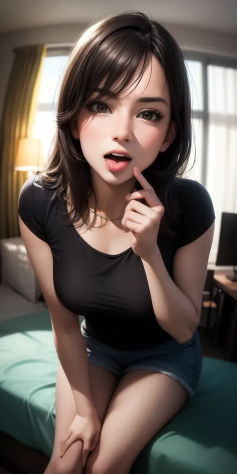 realistic, 2 women, selfie, mouth wide open, tongue out pose, face zoom, look up, , sitting, background bedroom