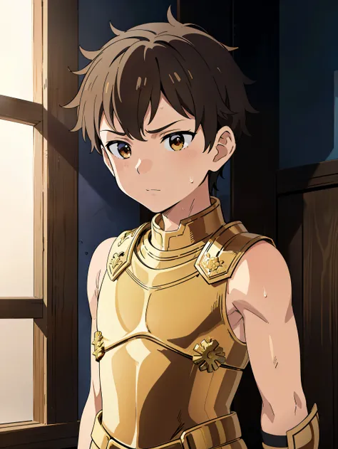 Highres, Masterpiece, Best quality at best,Best Quality,hight quality, hight detailed, 1boy, Shota, Gold armor, sleeveless armor, Body only, (young boy), 12-year-old boys, Bare shoulder, hansome, Sweat