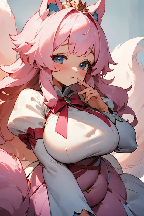 ((best quality)), ((masterpiece)), (detailed), perfect face，Super very plump body，whole body，Exquisite pink princess dress，loli，Pink tones，Very exquisite oversized bow decoration，Double tail，Cute big puff sleeves，Super long fluffy curly hair，A shy expressi...