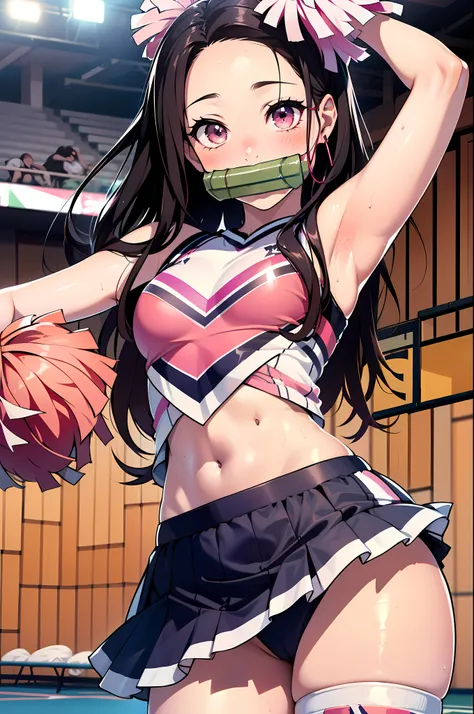 (best quality,4K,(masterpiece:1.2),very detailed,studio lighting,fancy,soft pastel tones,Nezuko Kamada,beautiful and delicate eyes,long black hair,delicate features,standing, (With bamboo mouth guard:1.4),crimson red eyes,Small fangs are peeking out,pale, ...