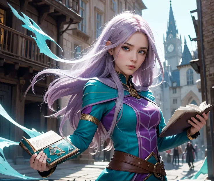 A female student wizard with lilac hair and turquoise eyes, magic the gathering artstyle, D&D artstyle, 1 girl, frowning face, masterpiece, medieval city background, holding a book, dynamic pose, dynamic angle, best quality