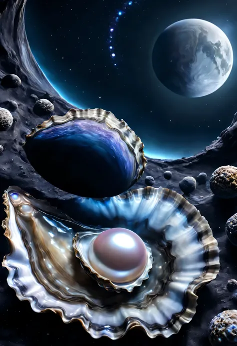 an unknown planet in the shape of an oyster with a moon in the shape and color of a pearl, very realistic, detailed and futuristic, with the galaxy behind